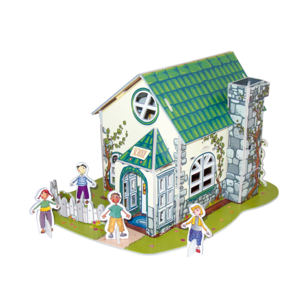 Puzzle 3D con forma de colegio, con figuras de niños