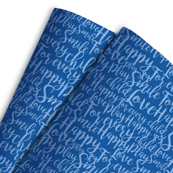 Papel de regalo solidario de color azul, con palabras como happy, love, smile