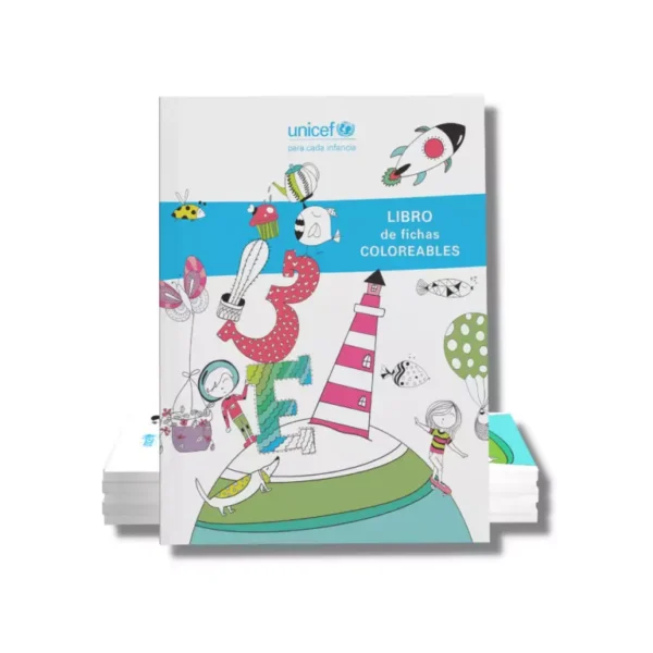 Libro de 48 fichas coloreables para niños con motivos de números, letras, animales y objetos.