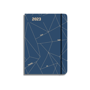 Agenda 2023 en color azul marino y diseño geométrico con palabras como peace, happy, joy