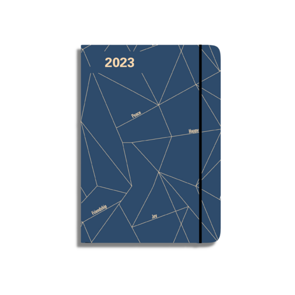 Agenda 2023 en color azul marino y diseño geométrico con palabras como peace, happy, joy