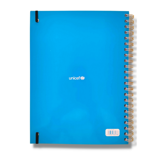 Imagen trasera del cuaderno A4 de color azul cian
