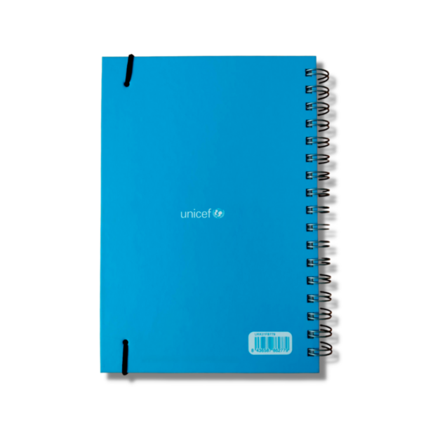 Imagen trasera del cuaderno A5 de color azul cian