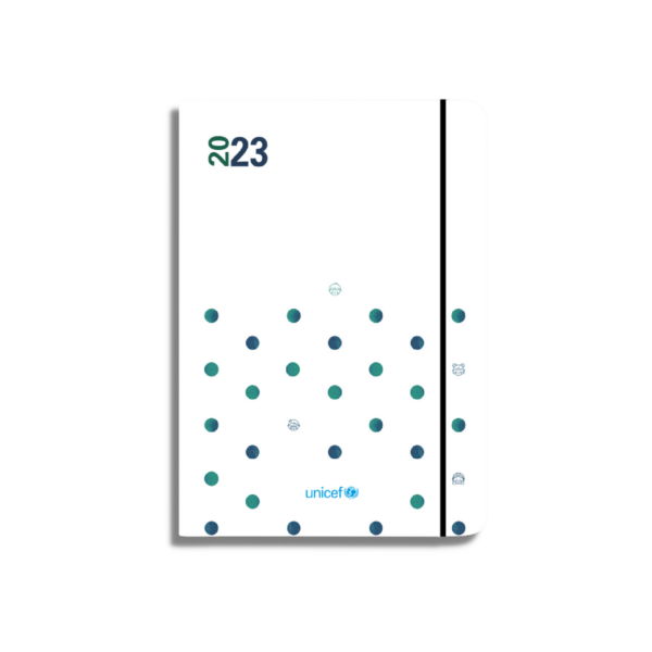Agenda 2023 en color blanco y diseño de topos en degradado de color azul y verde