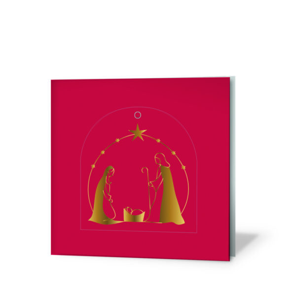 Tarjeta de navidad UNICEF solidaria de color rojo y diseño de portal de belén en color dorado, con troquel para colgar en el árbol de navidad