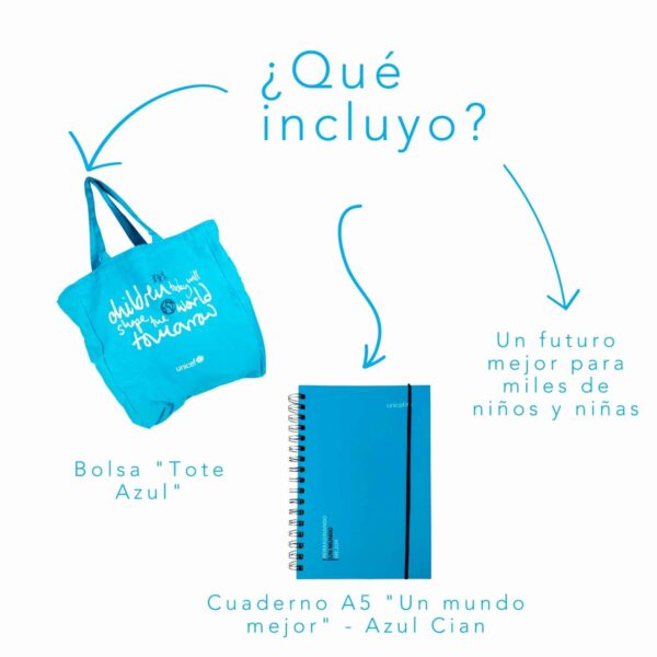 Detalles de lo incluido en el pack regalo: bolsa tote cian, cuaderno A5 un mundo mejor color azul cian