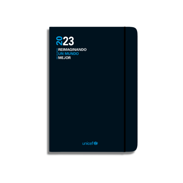 Agenda 2023 en color negro y y frase "reimaginando un mundo mejor"