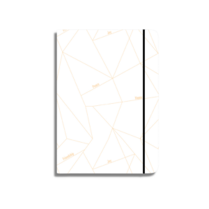 Agenda 2023 en color blanco y diseño geométrico en dorado con palabras como peace, happy, joy