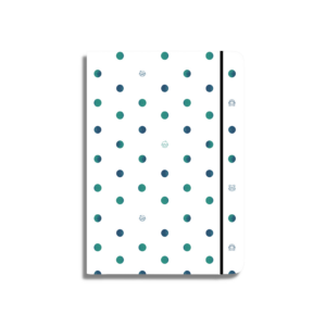 Agenda perpetua en color blanco y diseño de topos en degradado de color azul y verde