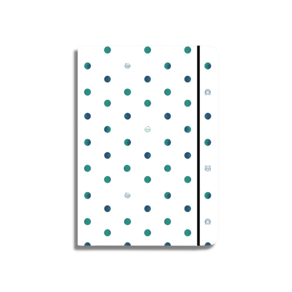 Agenda perpetua en color blanco y diseño de topos en degradado de color azul y verde