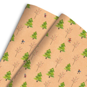 Papel de regalo solidario con acabado rústico y dibujos de abetos y niños