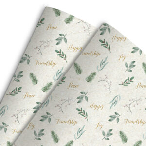 Papel de regalo solidario con acabado rústico y dibujos de plantas y frases