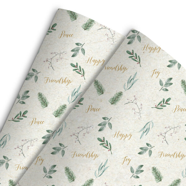 Papel de regalo solidario con acabado rústico y dibujos de plantas y frases