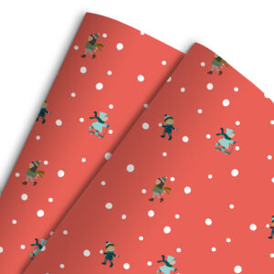 Papel de regalo solidario en color rojo anaranjado con dibujos de nieve y niños jugando